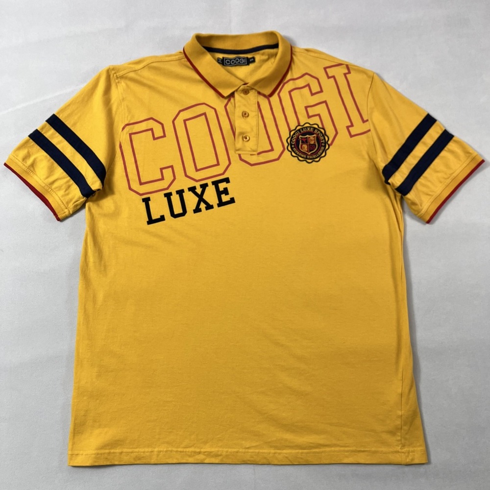 Coogi Polo Shirt Men 2XL Yellow Luxe Embroidered Crest Spell Out Logo